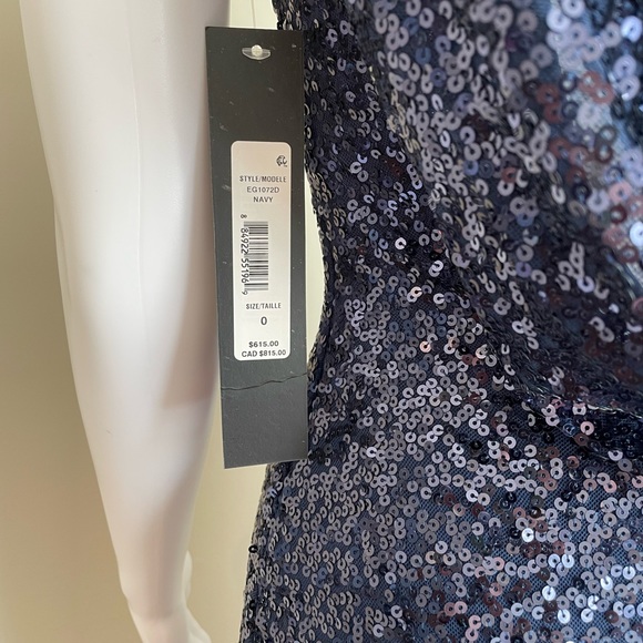 Badgley Mischka Navy Cap-Sleeve Sequin Drape Back Gown - Picture 10 of 11